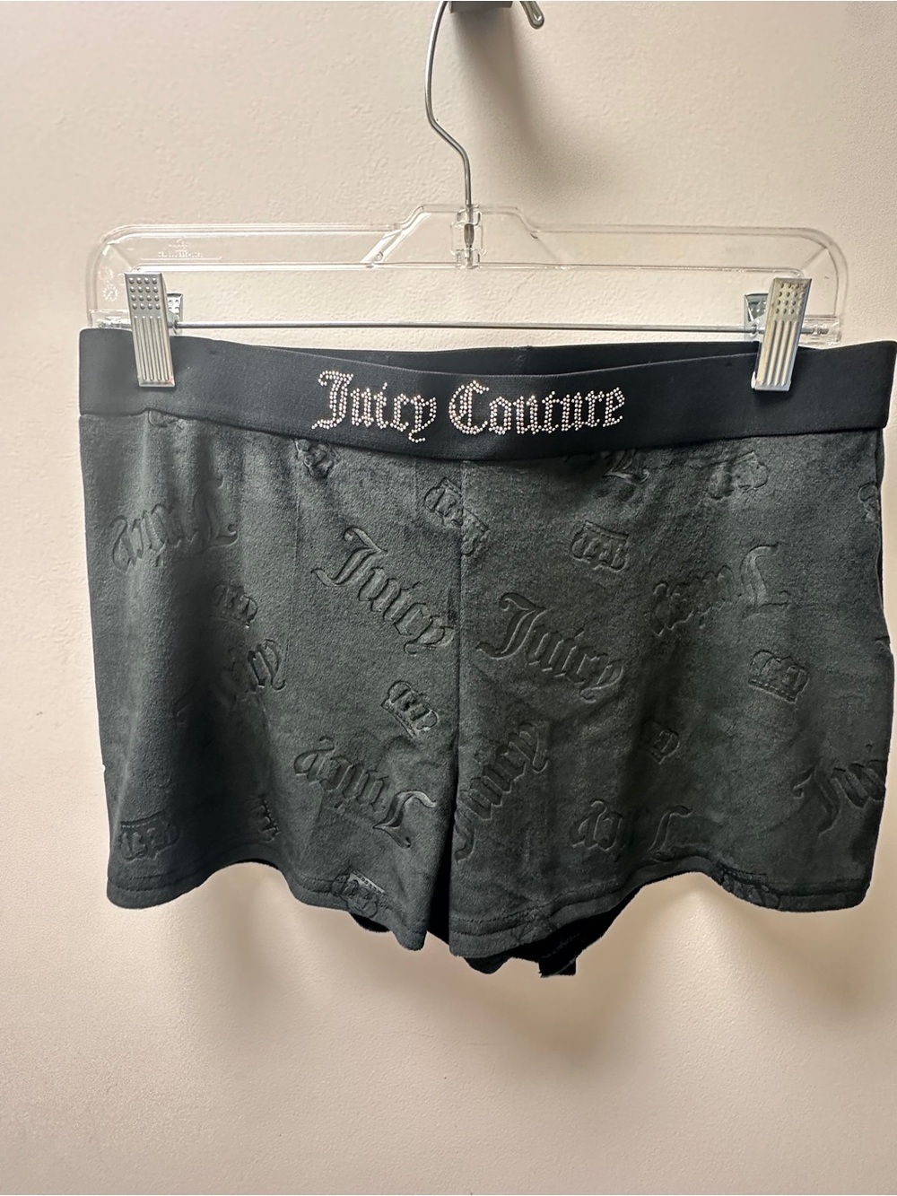 Juicy Couture Black Athletic Shorts with Embossed Logo and Rhinestone Waistband